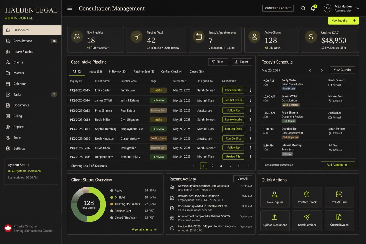 Halden Legal concept admin portal for managing consultations and clients