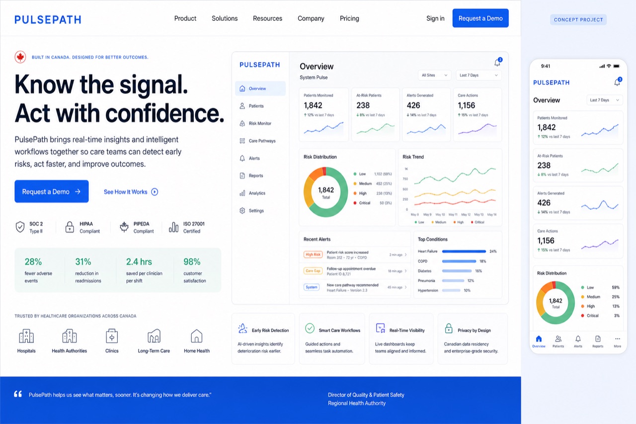 PulsePath concept product website with health analytics dashboard previews